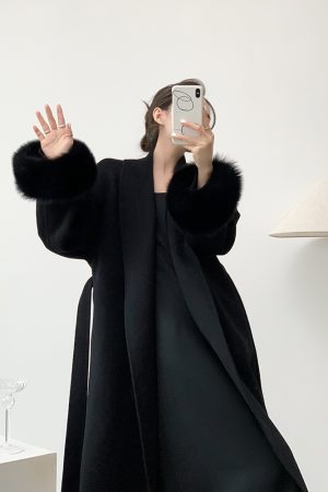 Petite Mid-Length Black Wool Coat for Women with Fox Fur Cuffs, Double-Sided Fabric - Elegant Autumn & Winter Outerwear