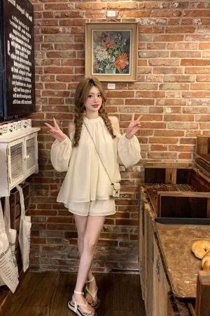 Petite Off-Shoulder Halter Top and Shorts Two-Piece Set - Sweet and Youthful Summer Style for a Chic Look