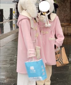 Petite Pink Woolen Coat with Doll Collar and Horn Button, 2025 JK Uniform Style, Cute Pudding Bear Design, Cozy Fashion Outerwear