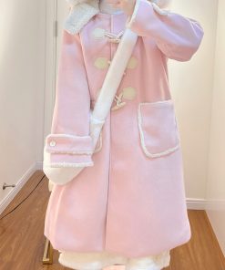 Petite Pink Woolen Coat with Doll Collar and Horn Button, 2025 JK Uniform Style, Cute Pudding Bear Design, Cozy Fashion Outerwear