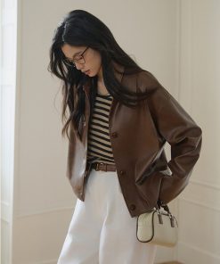 Petite Retro Oil Wax Leather Jacket in Coffee Color - Eco-Friendly PU Leather, Short Style, Versatile Fashion Layering