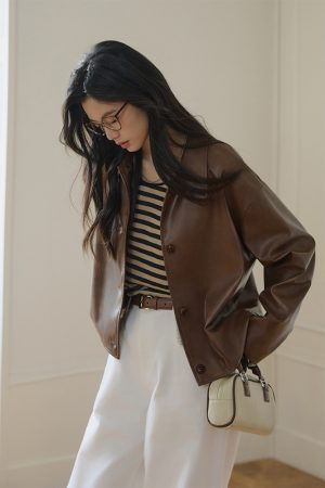Petite Retro Oil Wax Leather Jacket in Coffee Color - Eco-Friendly PU Leather, Short Style, Versatile Fashion Layering