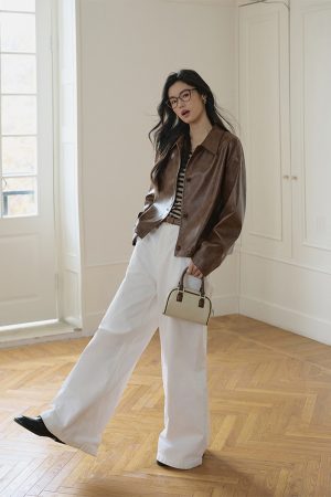 Petite Retro Oil Wax Leather Jacket in Coffee Color - Eco-Friendly PU Leather, Short Style, Versatile Fashion Layering