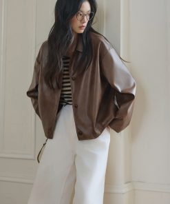 Petite Retro Oil Wax Leather Jacket in Coffee Color - Eco-Friendly PU Leather, Short Style, Versatile Fashion Layering