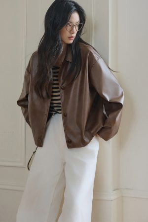 Petite Retro Oil Wax Leather Jacket in Coffee Color - Eco-Friendly PU Leather, Short Style, Versatile Fashion Layering