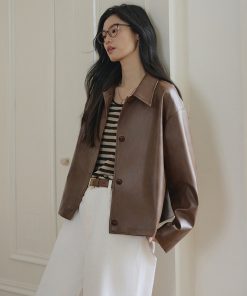 Petite Retro Oil Wax Leather Jacket in Coffee Color - Eco-Friendly PU Leather, Short Style, Versatile Fashion Layering