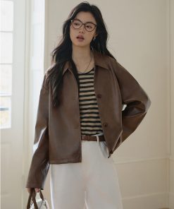 Petite Retro Oil Wax Leather Jacket in Coffee Color - Eco-Friendly PU Leather, Short Style, Versatile Fashion Layering