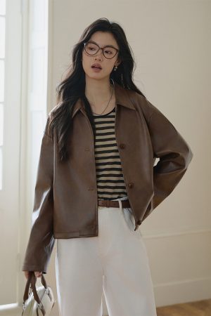 Petite Retro Oil Wax Leather Jacket in Coffee Color - Eco-Friendly PU Leather, Short Style, Versatile Fashion Layering