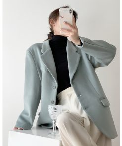 Petite Vintage Wool Blazer Jacket for Women - Casual Loose Fit Winter Suit Coat