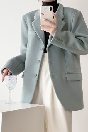 Petite Vintage Wool Blazer Jacket for Women - Casual Loose Fit Winter Suit Coat