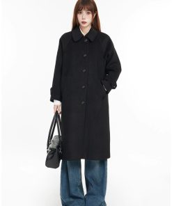 Petite Women's Black Woolen Coat, 2025 Hepburn-Style, High-End Versatile Long Coat for Chic Winter Fashion