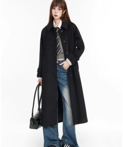 Petite Women's Black Woolen Coat, 2025 Hepburn-Style, High-End Versatile Long Coat for Chic Winter Fashion