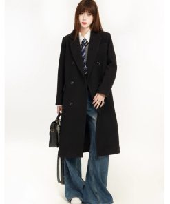 Petite Women's Black Woolen Mid-Length Coat, Tailored Design, High-End Spring 2025 Style, Chic & Elegant Outerwear