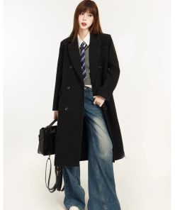 Petite Women's Black Woolen Mid-Length Coat, Tailored Design, High-End Spring 2025 Style, Chic & Elegant Outerwear