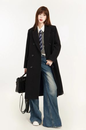 Petite Women's Black Woolen Mid-Length Coat, Tailored Design, High-End Spring 2025 Style, Chic & Elegant Outerwear