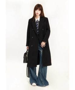 Petite Women's Black Woolen Mid-Length Coat, Tailored Design, High-End Spring 2025 Style, Chic & Elegant Outerwear