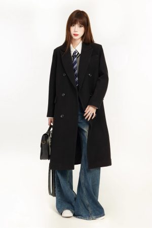 Petite Women's Black Woolen Mid-Length Coat, Tailored Design, High-End Spring 2025 Style, Chic & Elegant Outerwear