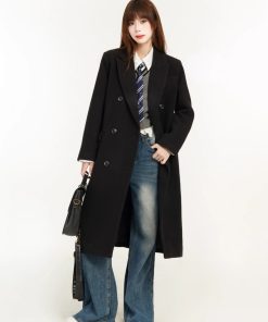 Petite Women's Black Woolen Mid-Length Coat, Tailored Design, High-End Spring 2025 Style, Chic & Elegant Outerwear