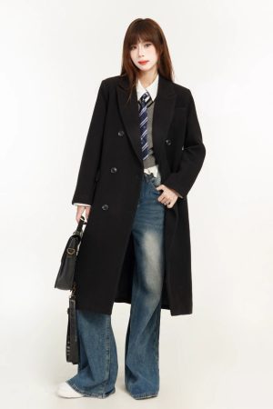 Petite Women's Black Woolen Mid-Length Coat, Tailored Design, High-End Spring 2025 Style, Chic & Elegant Outerwear