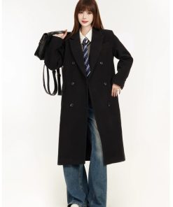 Petite Women's Black Woolen Mid-Length Coat, Tailored Design, High-End Spring 2025 Style, Chic & Elegant Outerwear