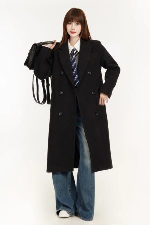 Petite Women's Black Woolen Mid-Length Coat, Tailored Design, High-End Spring 2025 Style, Chic & Elegant Outerwear