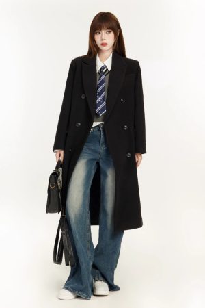 Petite Women's Black Woolen Mid-Length Coat, Tailored Design, High-End Spring 2025 Style, Chic & Elegant Outerwear