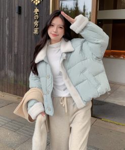 Petite Women's Blue Lamb Wool Spliced Down Jacket, Short Style, 2025 Winter Trend, Warm Coat for Cold Weather