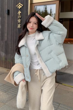 Petite Women's Blue Lamb Wool Spliced Down Jacket, Short Style, 2025 Winter Trend, Warm Coat for Cold Weather