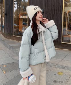 Petite Women's Blue Lamb Wool Spliced Down Jacket, Short Style, 2025 Winter Trend, Warm Coat for Cold Weather