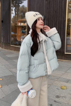Petite Women's Blue Lamb Wool Spliced Down Jacket, Short Style, 2025 Winter Trend, Warm Coat for Cold Weather