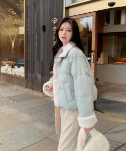 Petite Women's Blue Lamb Wool Spliced Down Jacket, Short Style, 2025 Winter Trend, Warm Coat for Cold Weather