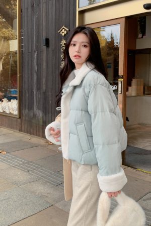 Petite Women's Blue Lamb Wool Spliced Down Jacket, Short Style, 2025 Winter Trend, Warm Coat for Cold Weather