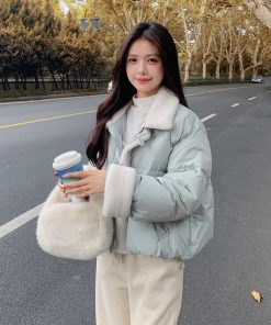 Petite Women's Blue Lamb Wool Spliced Down Jacket, Short Style, 2025 Winter Trend, Warm Coat for Cold Weather