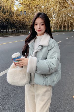 Petite Women's Blue Lamb Wool Spliced Down Jacket, Short Style, 2025 Winter Trend, Warm Coat for Cold Weather