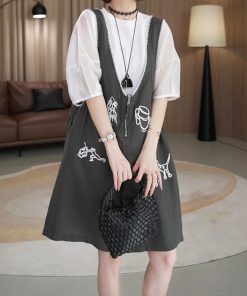 Petite Women's Korean Style Embroidered Short Sleeve Top & Suspender Pants Set - Trendy Two-Piece Outfit for Summer 2025