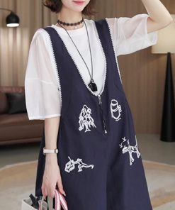 Petite Women's Korean Style Embroidered Short Sleeve Top & Suspender Pants Set - Trendy Two-Piece Outfit for Summer 2025