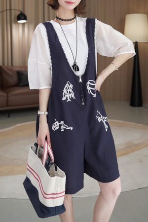 Petite Women's Korean Style Embroidered Short Sleeve Top & Suspender Pants Set - Trendy Two-Piece Outfit for Summer 2025