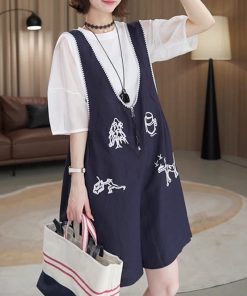 Petite Women's Korean Style Embroidered Short Sleeve Top & Suspender Pants Set - Trendy Two-Piece Outfit for Summer 2025