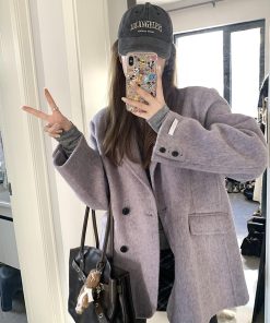 Petite Women's Purple Woolen Suit Coat, Loose Fit Short Overcoat, Stylish Cotton-Padded Winter Outerwear for 2025