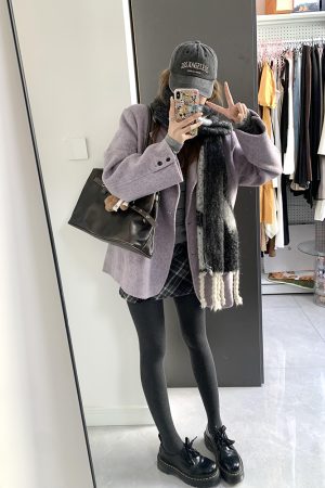 Petite Women's Purple Woolen Suit Coat, Loose Fit Short Overcoat, Stylish Cotton-Padded Winter Outerwear for 2025