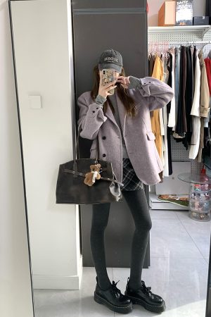 Petite Women's Purple Woolen Suit Coat, Loose Fit Short Overcoat, Stylish Cotton-Padded Winter Outerwear for 2025