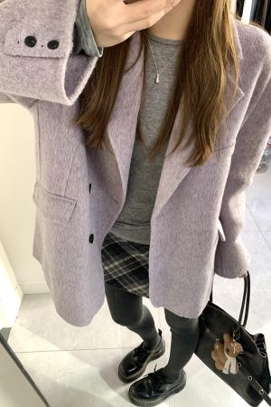 Petite Women's Purple Woolen Suit Coat, Loose Fit Short Overcoat, Stylish Cotton-Padded Winter Outerwear for 2025