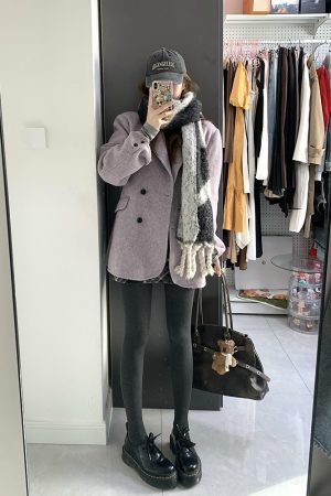 Petite Women's Purple Woolen Suit Coat, Loose Fit Short Overcoat, Stylish Cotton-Padded Winter Outerwear for 2025