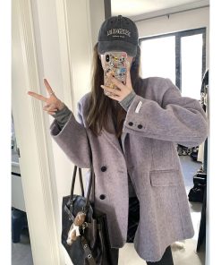 Petite Women's Purple Woolen Suit Coat, Loose Fit Short Overcoat, Stylish Cotton-Padded Winter Outerwear for 2025