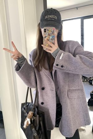 Petite Women's Purple Woolen Suit Coat, Loose Fit Short Overcoat, Stylish Cotton-Padded Winter Outerwear for 2025
