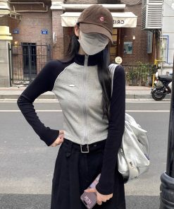 Petite Women's Slim-Fit Zip Design T-Shirt Sweatshirt - Autumn & Winter American Style Short Top