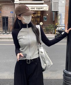 Petite Women's Slim-Fit Zip Design T-Shirt Sweatshirt - Autumn & Winter American Style Short Top