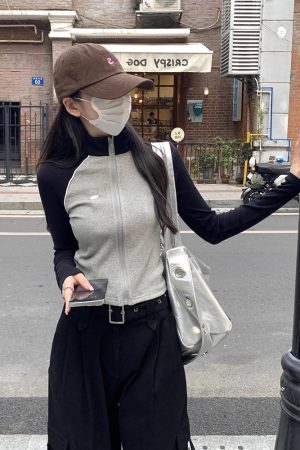Petite Women's Slim-Fit Zip Design T-Shirt Sweatshirt - Autumn & Winter American Style Short Top