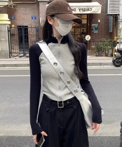 Petite Women's Slim-Fit Zip Design T-Shirt Sweatshirt - Autumn & Winter American Style Short Top