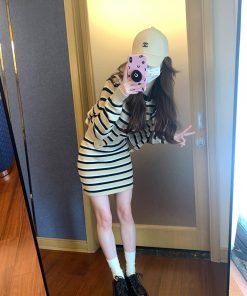 Petite Women's Striped Knitted Cardigan Set - Short Sleeve Top & Skirt Two-Piece for Autumn Fashion